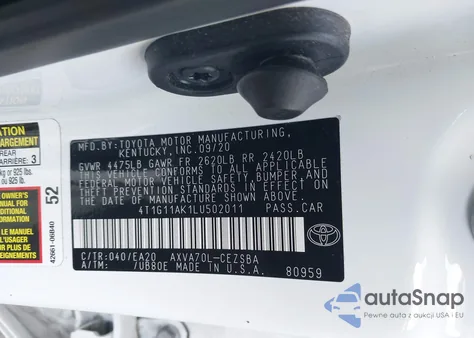 2020 Toyota Camry Se из США, поврежденный, VIN 4T1G11AK1LU502011